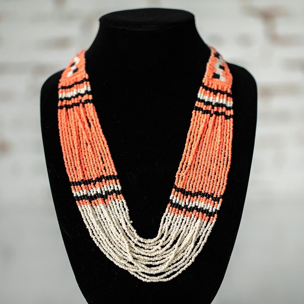 Boho Multi Strand Seed Bead Necklace Orange White Black Tribal Statement